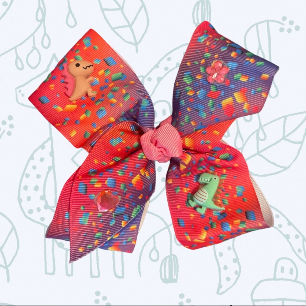 🦖 Handcrafted 5 inch hair bow with dinosaurs and gems 🦕